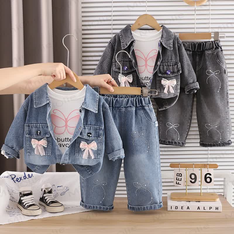 Baby Toddler Girl Butterfly Bow Denim 3-piece Set - image 1
