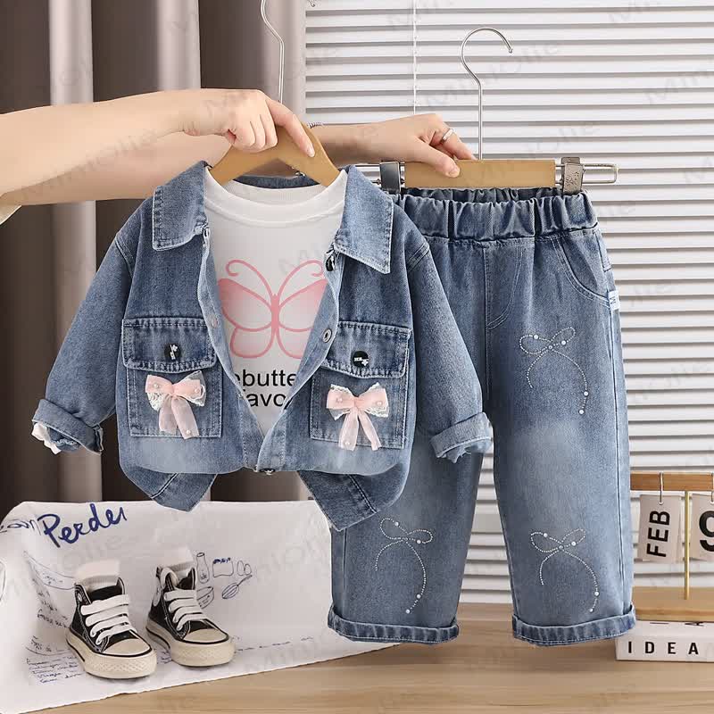 Baby Toddler Girl Butterfly Bow Denim 3-piece Set - Blue - 4-5T - image 2