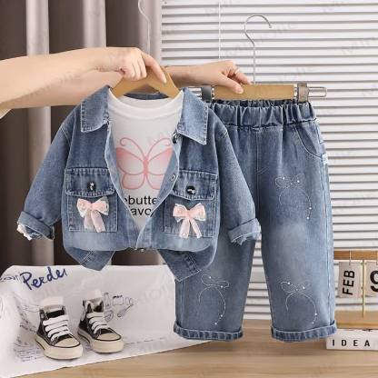 Baby Toddler Girl Butterfly Bow Denim 3-piece Set - Blue - 4-5T - image 2