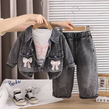 Baby Toddler Girl Butterfly Bow Denim 3-piece Set - Black - 4-5T - image 3