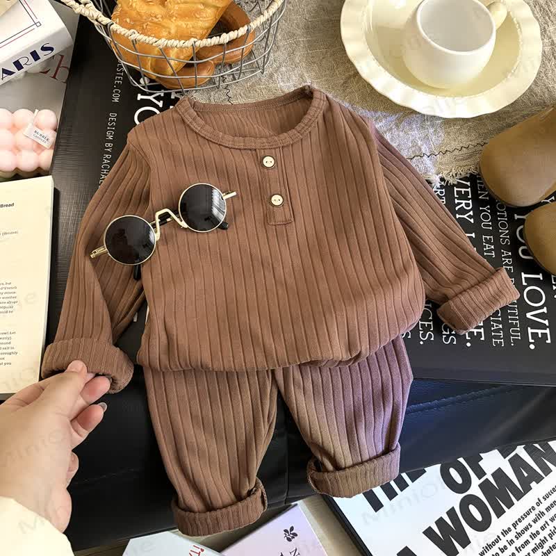 Toddler Kid Solid Color Knit Henley Lounge 2-piece Set - Brown - 8-9T - image 2