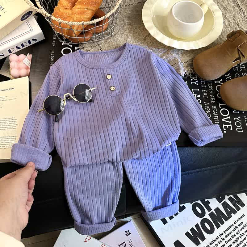 Toddler Kid Solid Color Knit Henley Lounge 2-piece Set - Purple - 8-9T - image 5