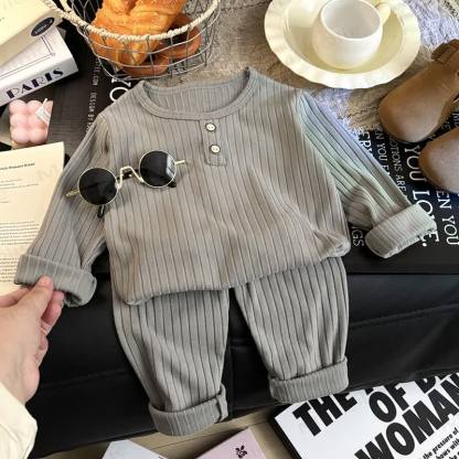 Toddler Kid Solid Color Knit Henley Lounge 2-piece Set - Gray - 8-9T - image 6