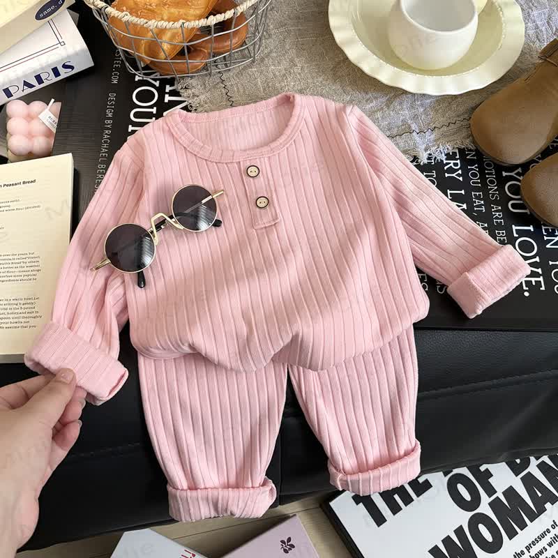 Toddler Kid Solid Color Knit Henley Lounge 2-piece Set - Pink - 8-9T - image 7