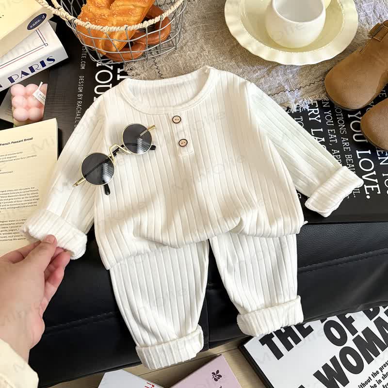 Toddler Kid Solid Color Knit Henley Lounge 2-piece Set - White - 8-9T - image 3