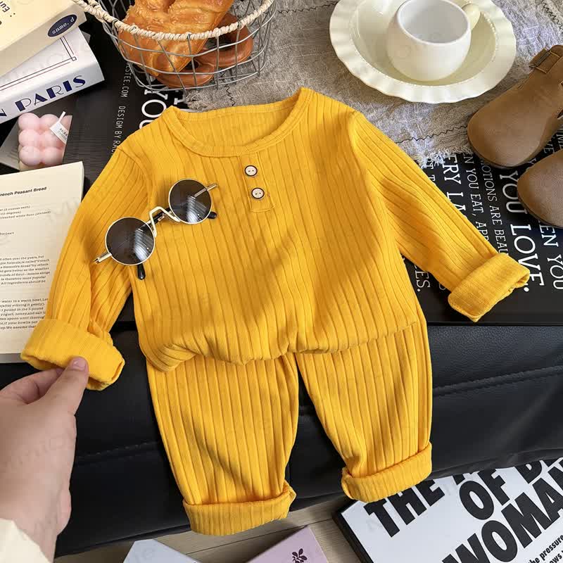 Toddler Kid Solid Color Knit Henley Lounge 2-piece Set - Yellow - 8-9T - image 4