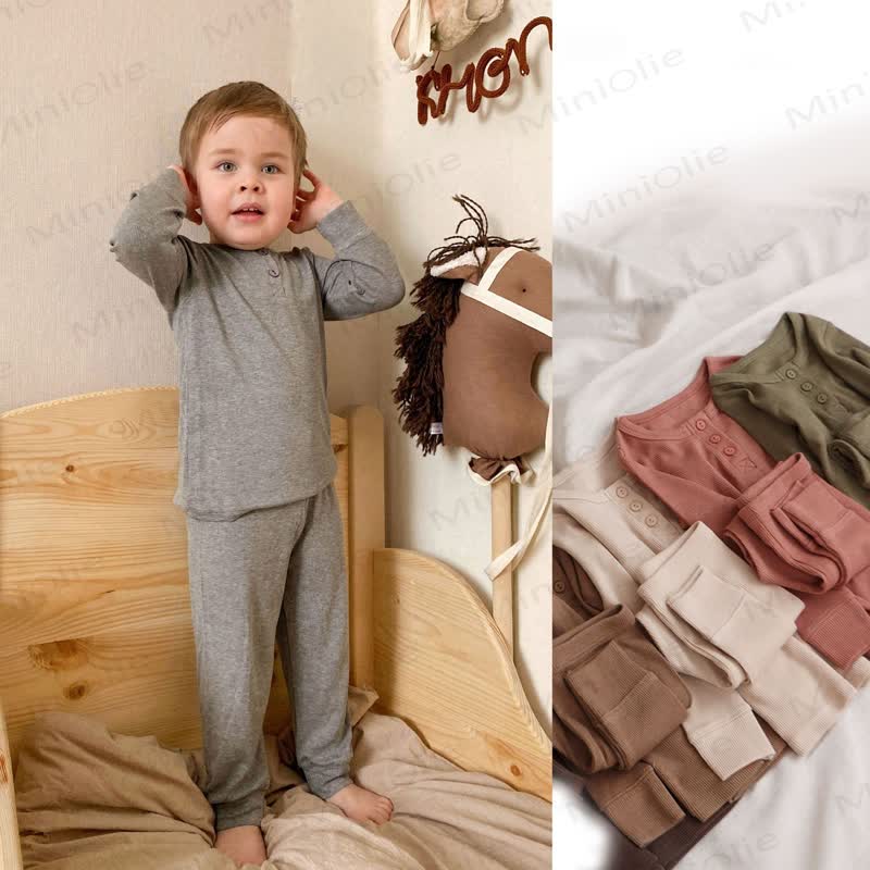 Baby Toddler Solid Color Ribbed Henley Long Sleeve Pajama 2-piece Set - image 1