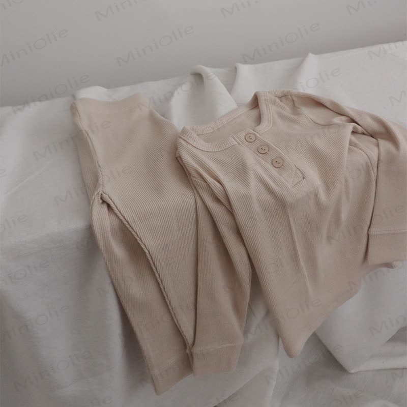 Baby Toddler Solid Color Ribbed Henley Long Sleeve Pajama 2-piece Set - Beige - 4-5T - image 2