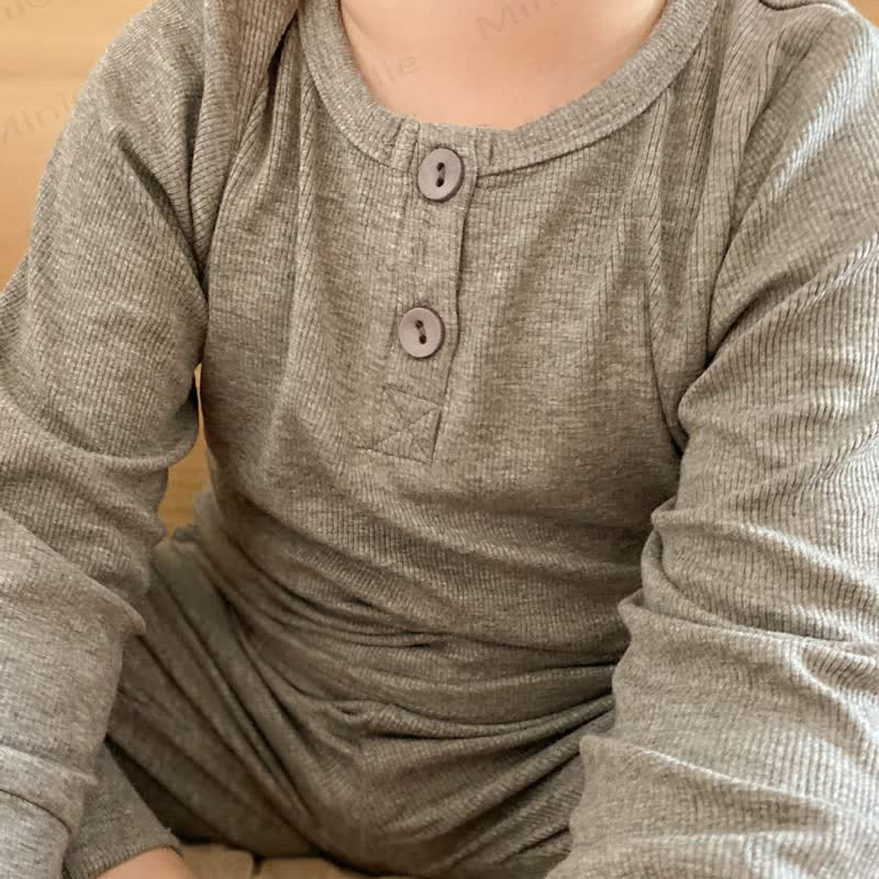 Baby Toddler Solid Color Ribbed Henley Long Sleeve Pajama 2-piece Set - image 8