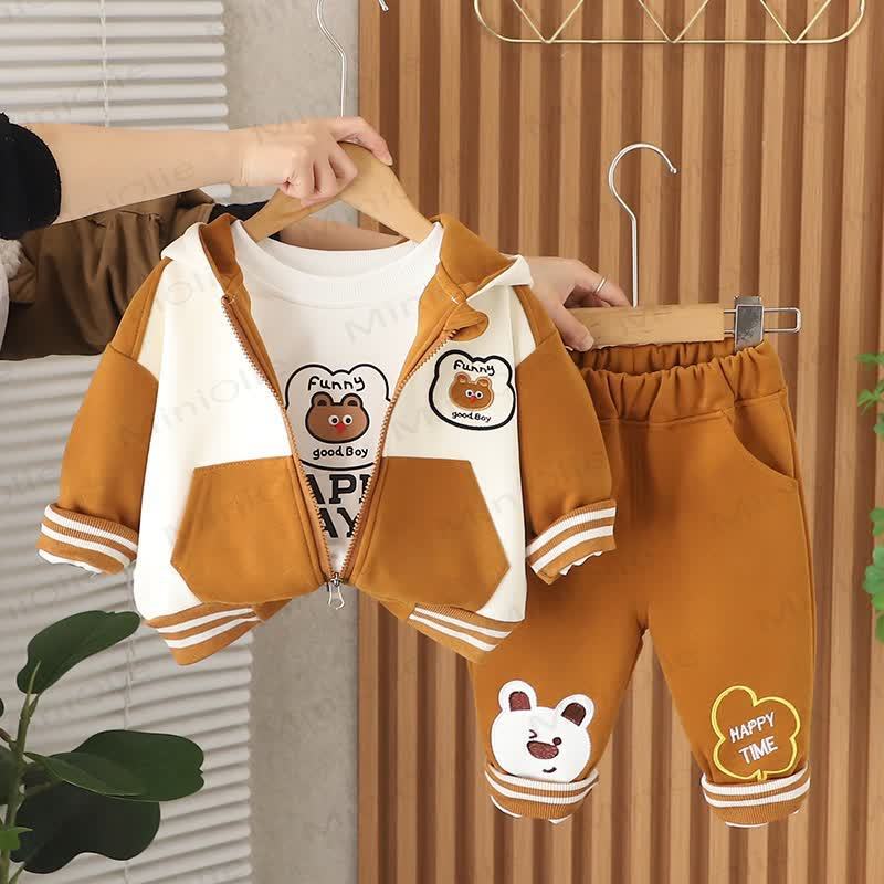 Baby Toddler Bear Patch Hooded and Jogger 3-piece Set - Brown - 4-5T - image 3