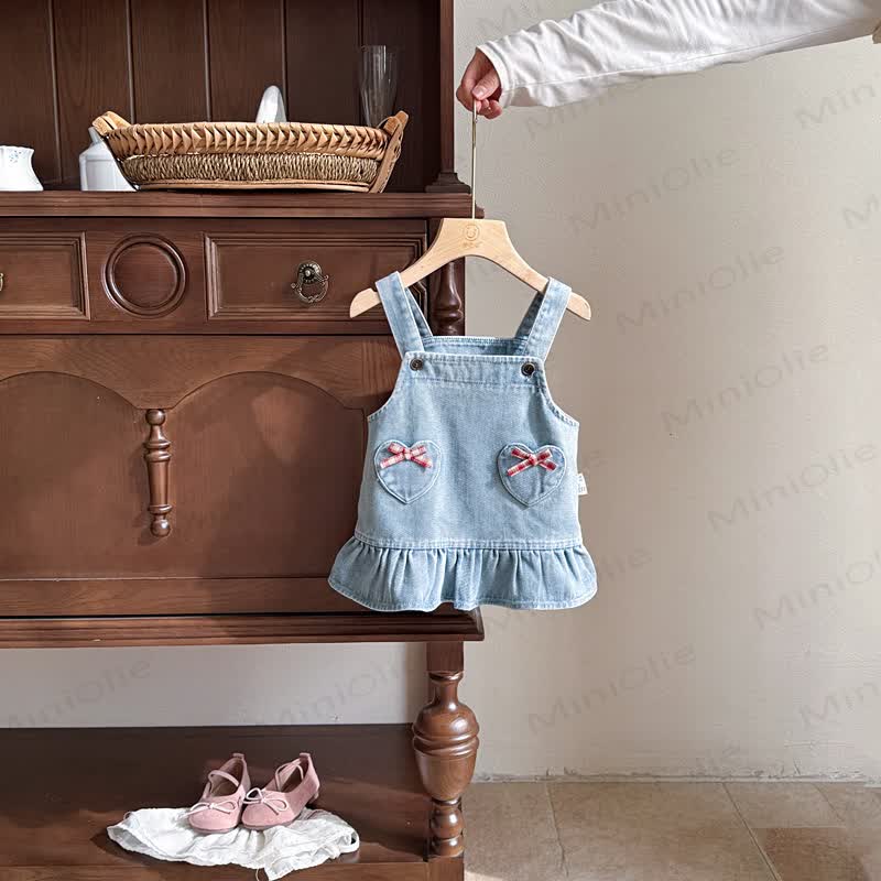 Baby Heart Pocket Denim Pinafore Dress or Beige Top - Blue - 2-3T - image 2
