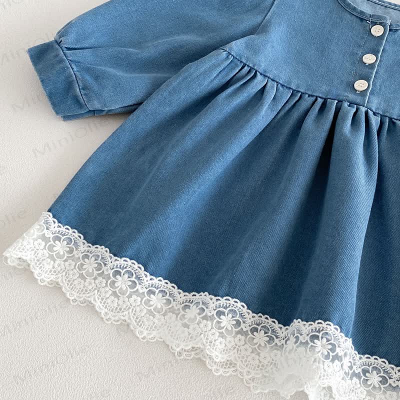 Baby Toddler Butterfly Denim Lace Hem Long Sleeve Dress - image 6