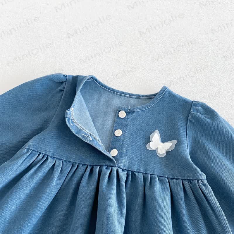 Baby Toddler Butterfly Denim Lace Hem Long Sleeve Dress - image 4
