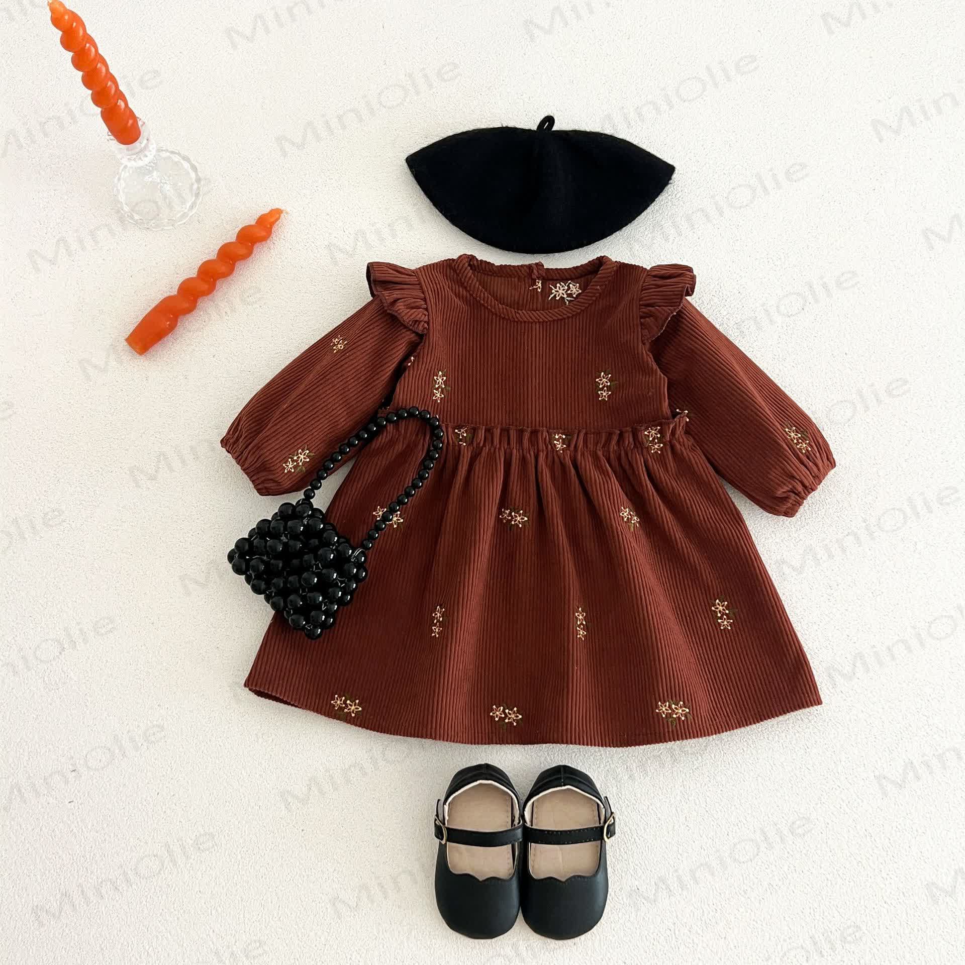 Baby Toddler Girl Brown Floral Corduroy Long Sleeve Dress - image 1