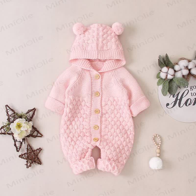 Baby Bear Ear Hooded Fleece Knit Romper - Pink - 18-24M - image 6