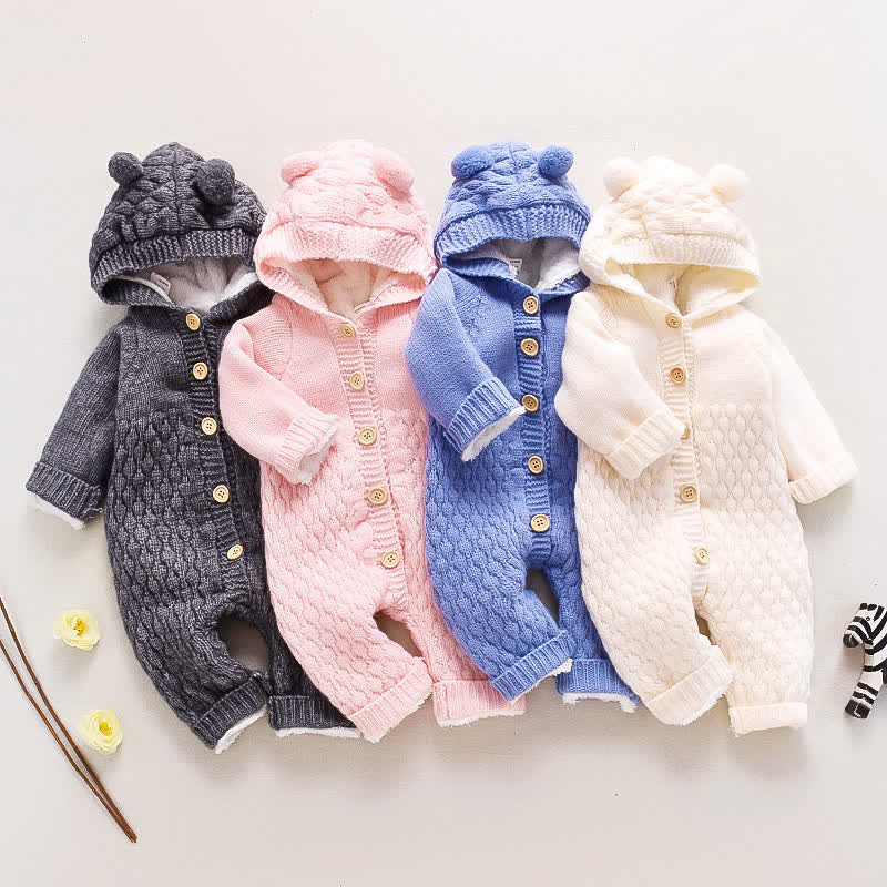 Baby Bear Ear Hooded Fleece Knit Romper - image 1