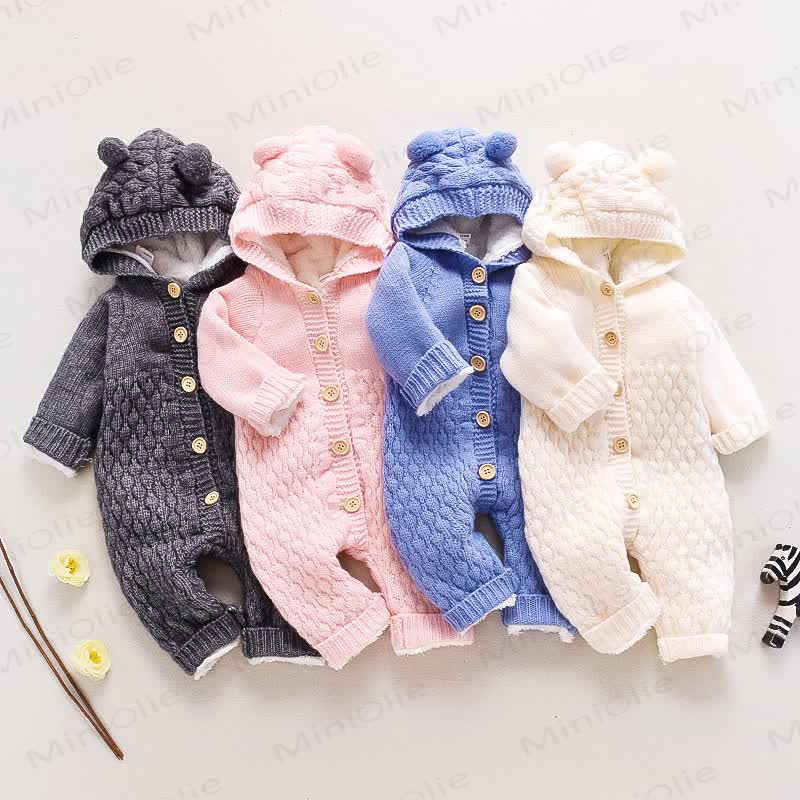 Baby Bear Ear Hooded Fleece Knit Romper - image 1