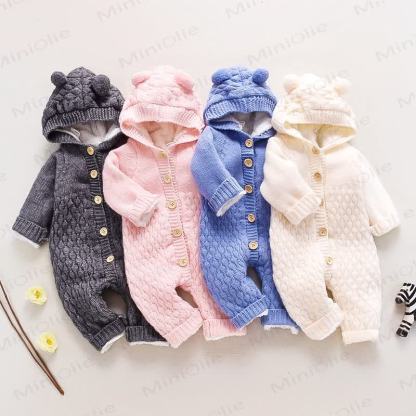 Baby Bear Ear Hooded Fleece Knit Romper - image 1