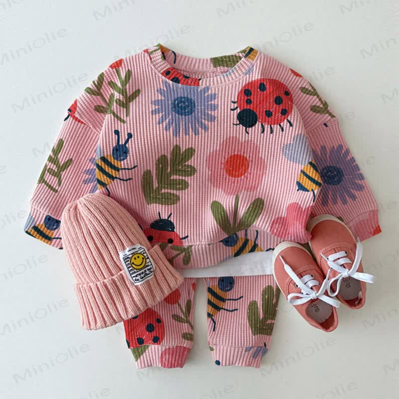 Baby Pink Flowers & Insects Print Waffle 2-piece Set - Pink - 2-3T - image 1