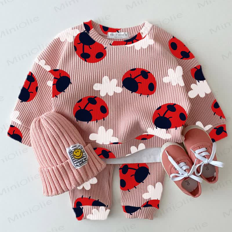 Baby Pink Ladybug White Cloud Print Waffle 2-piece Set - Pink - 18-24M - image 1