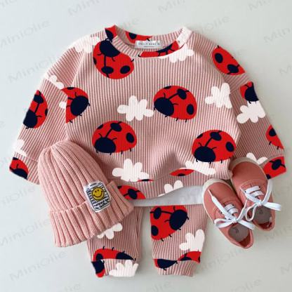 Baby Pink Ladybug White Cloud Print Waffle 2-piece Set - Pink - 18-24M - image 1