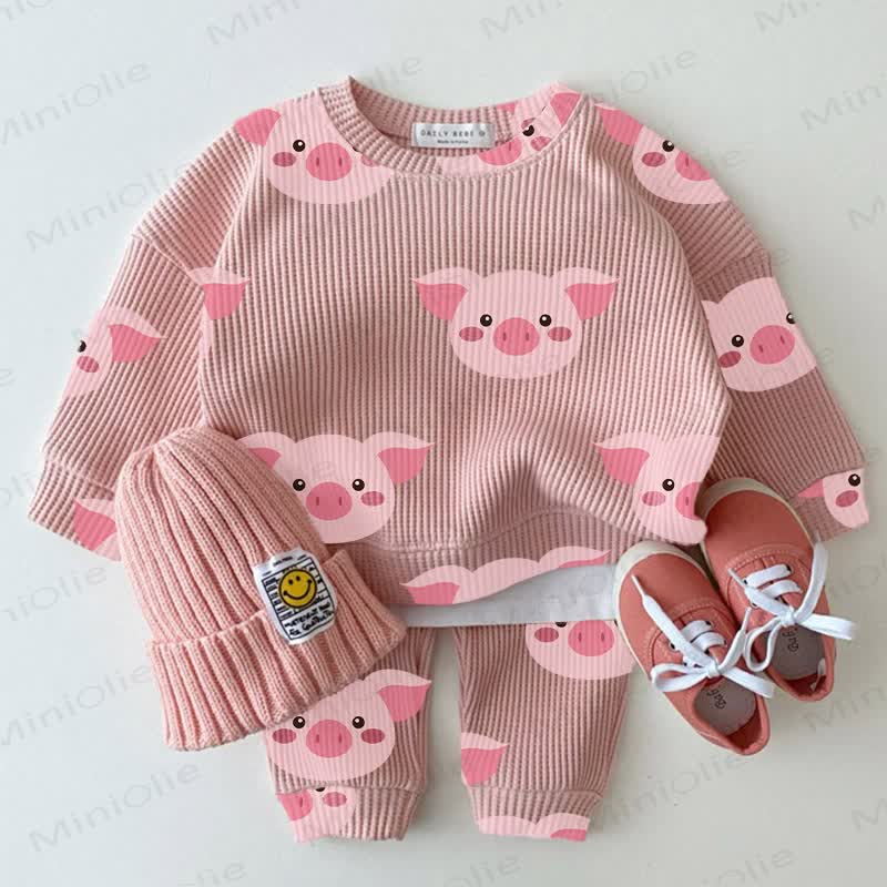 Baby Pink Piggy Print Waffle 2-piece Set - Pink - 18-24M - image 1