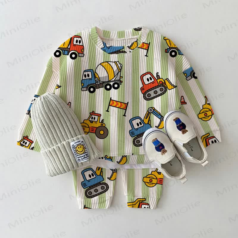 Baby Green Striped Construction Vehicles Print Waffle 2-piece Set - White - 2-3T - image 1