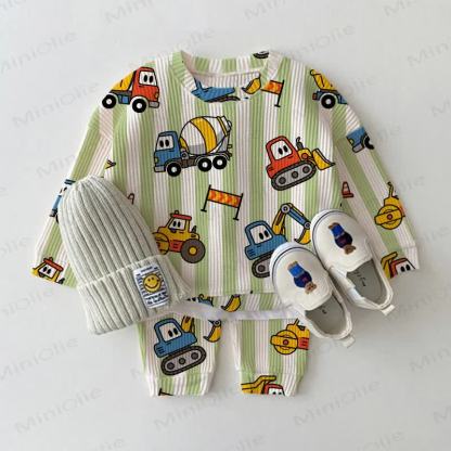 Baby Green Striped Construction Vehicles Print Waffle 2-piece Set - White - 2-3T - image 1