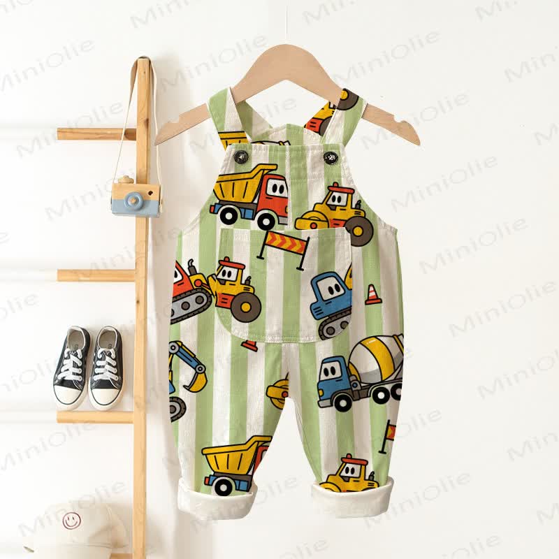 Baby Toddler Green Striped Construction Vehicles Print Overalls - Beige - 3-5T - image 1