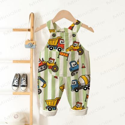 Baby Toddler Green Striped Construction Vehicles Print Overalls - Beige - 3-5T - image 1