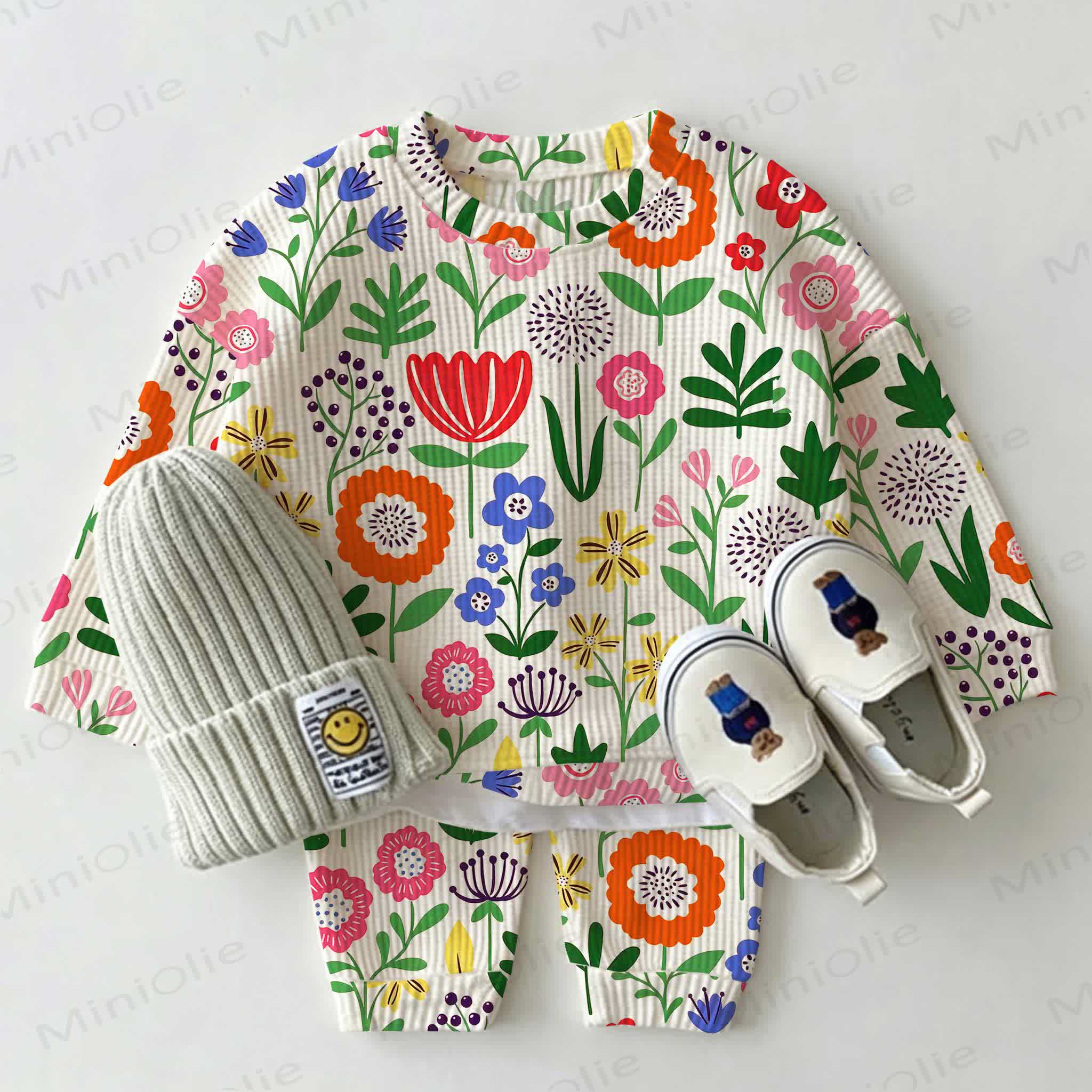 Baby Colorful Flower Print White Waffle 2-piece Set - White - 2-3T - image 1