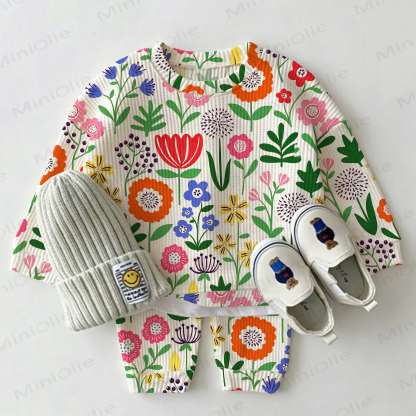 Baby Colorful Flower Print White Waffle 2-piece Set - White - 2-3T - image 1