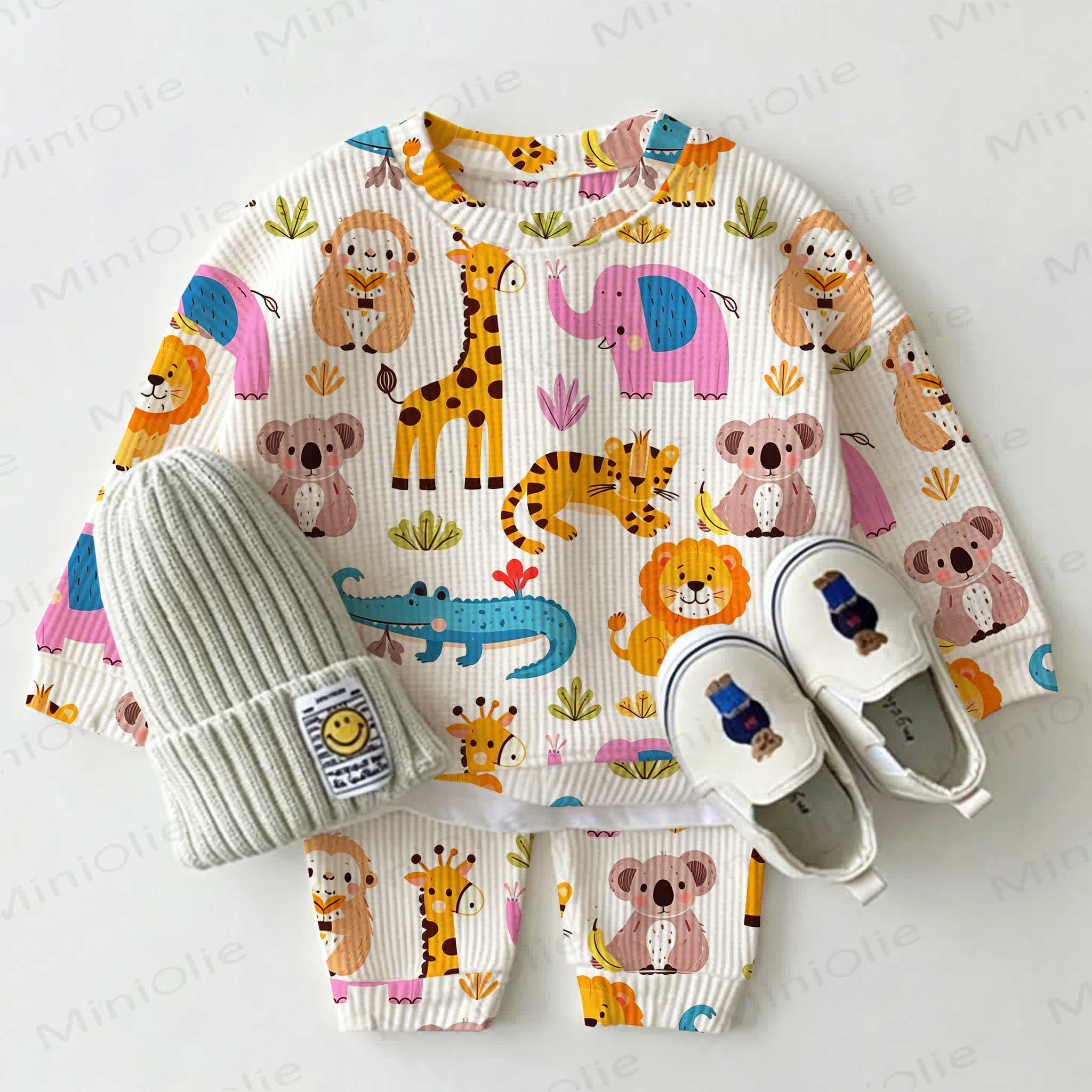 Baby Toddler White Animal Print Waffle 2-piece Set - White - 2-3T - image 1