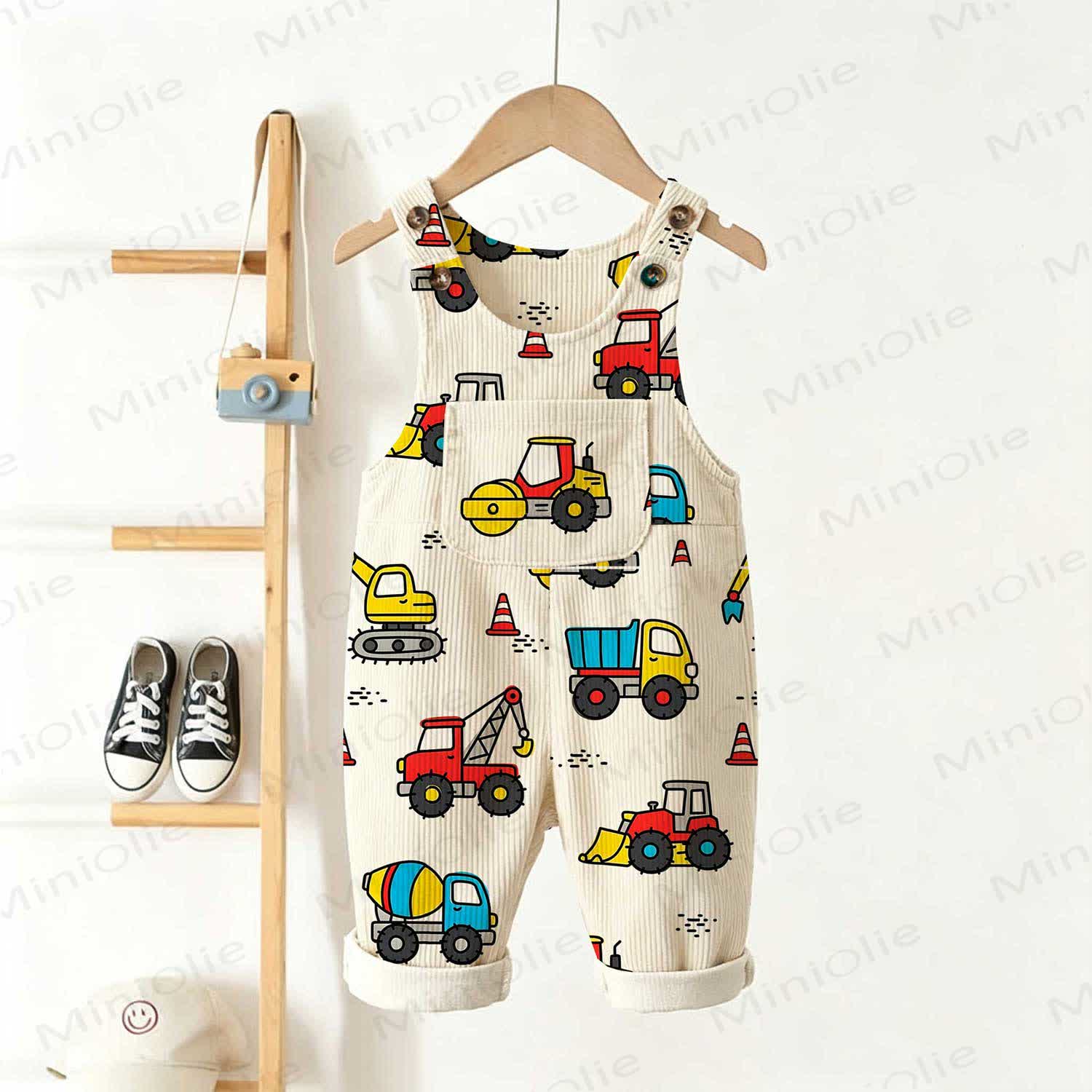 Baby Toddler Construction Vehicle Print Beige Corduroy Pocket Overalls - Beige - 5-7T - image 1
