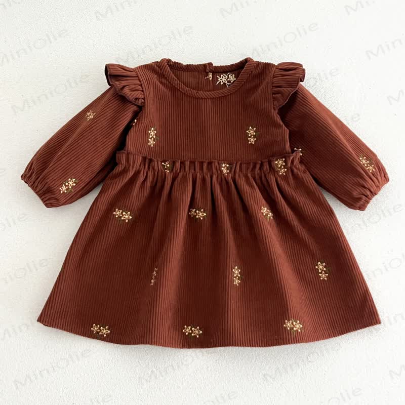 Baby Toddler Girl Brown Floral Corduroy Long Sleeve Dress - Brown - 4-5T - image 2