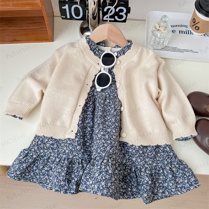 Toddler Girl Beige Cardigan or Navy Floral Long Sleeve Dress - image 1