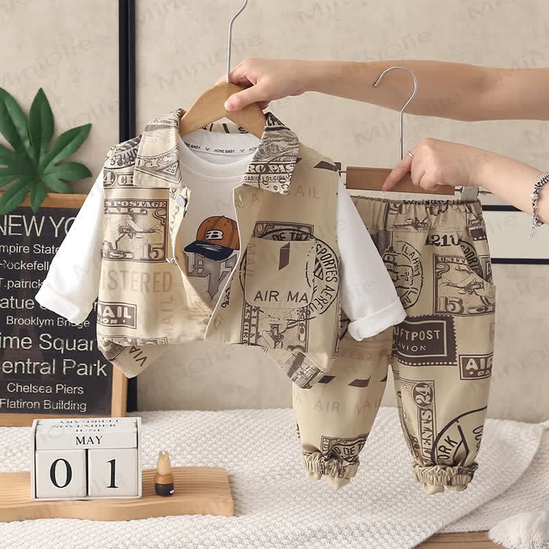 Baby Toddler Airmail Stamp Print 3-piece Set - Beige - 4-5T - image 3