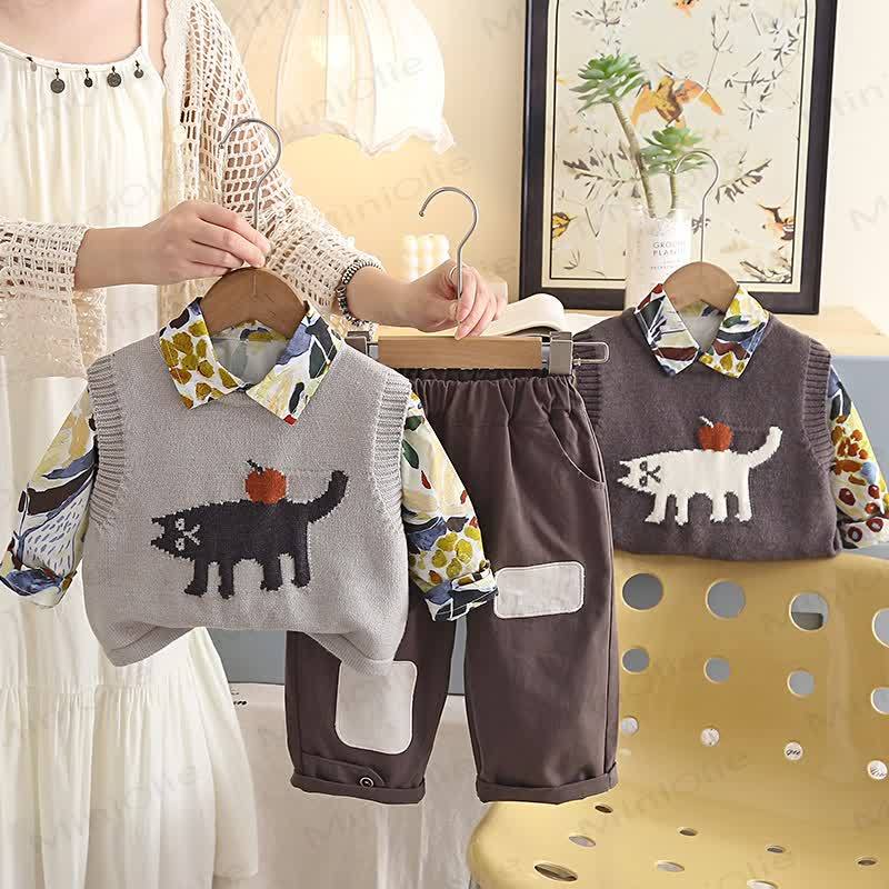 Toddler Cat Apple Knit Vest Casual 3-piece Set - image 1