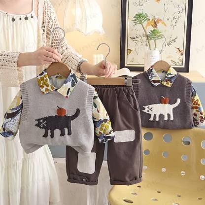 Toddler Cat Apple Knit Vest Casual 3-piece Set - image 1
