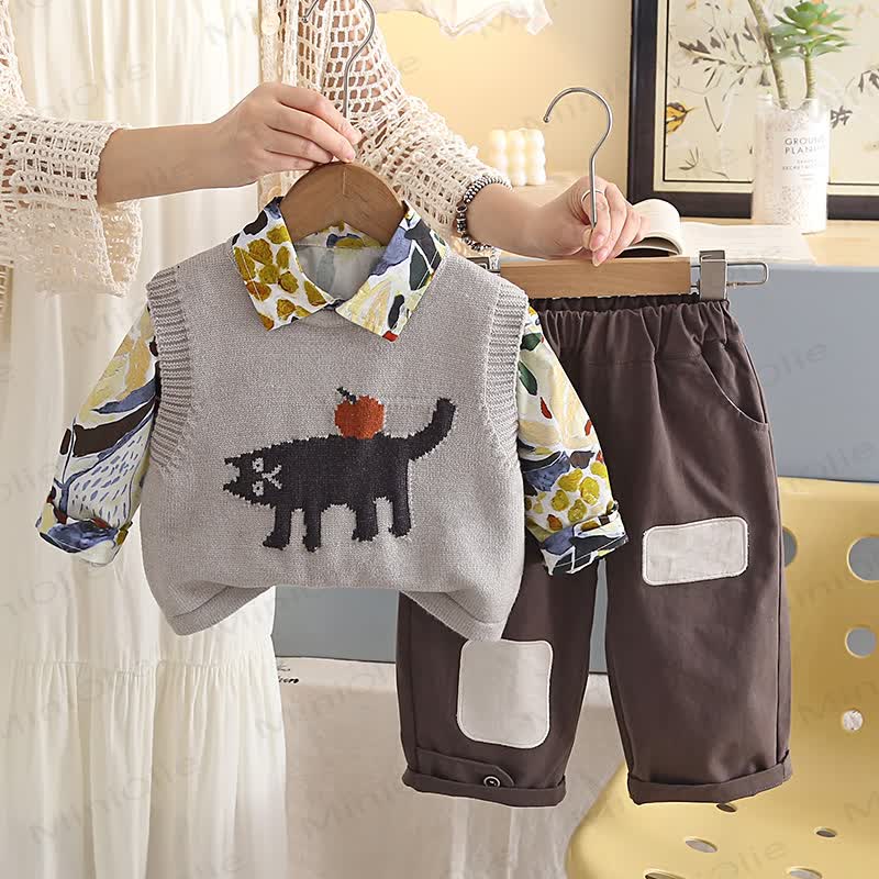 Toddler Cat Apple Knit Vest Casual 3-piece Set - Gray - 6-7T - image 2
