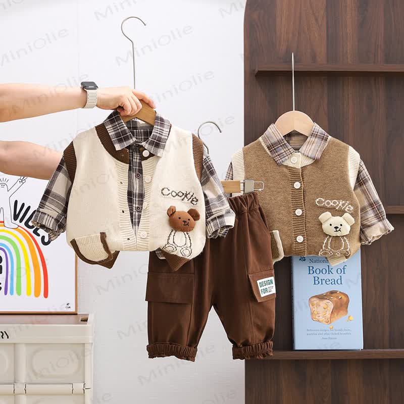 COOKIE Baby Toddler Bear Plaid Knit Vest 3-piece Set - image 1