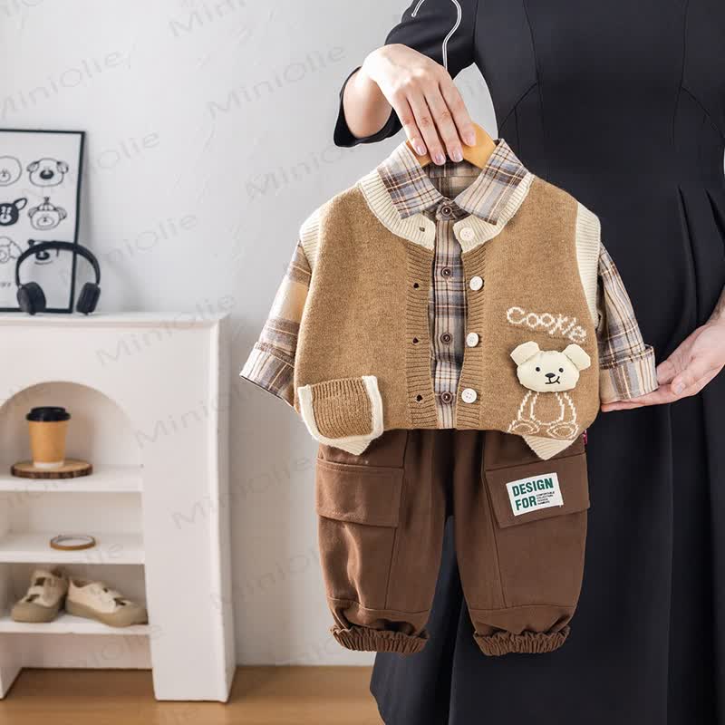 COOKIE Baby Toddler Bear Plaid Knit Vest 3-piece Set - Brown - 4-5T - image 2