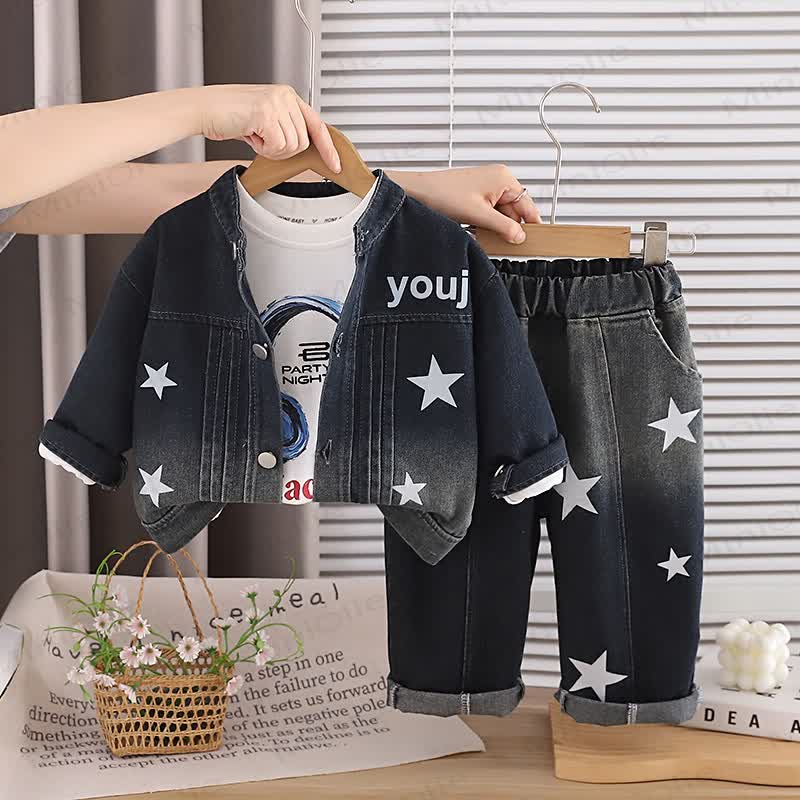 Toddler Baby Star Print Denim 3-piece Set - Black - 4-5T - image 3