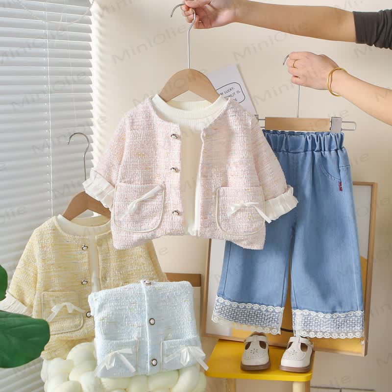 Toddler Girl Pink Tweed Cardigan and Denim 3-piece Set - image 1