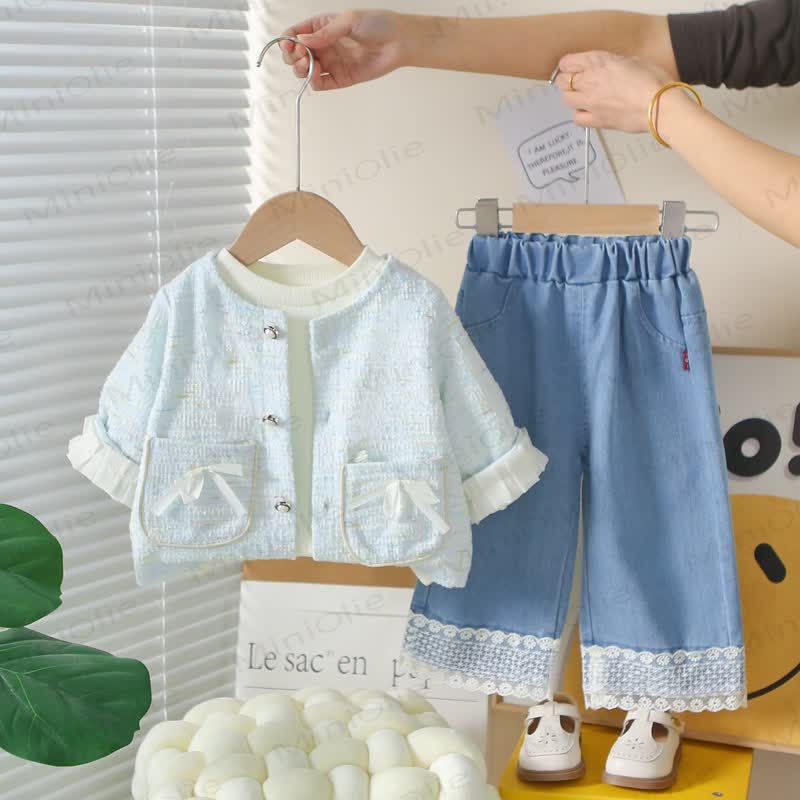 Toddler Girl Pink Tweed Cardigan and Denim 3-piece Set - Blue - 4-5T - image 4