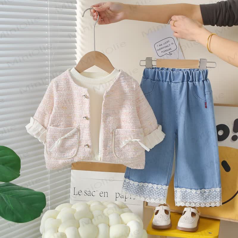 Toddler Girl Pink Tweed Cardigan and Denim 3-piece Set - Pink - 4-5T - image 2