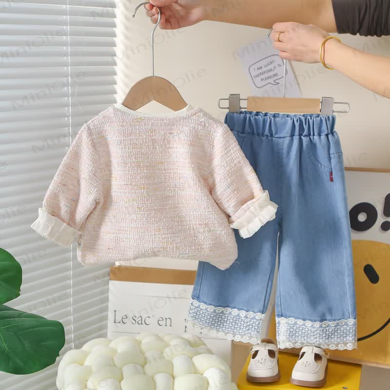 Toddler Girl Pink Tweed Cardigan and Denim 3-piece Set - image 5