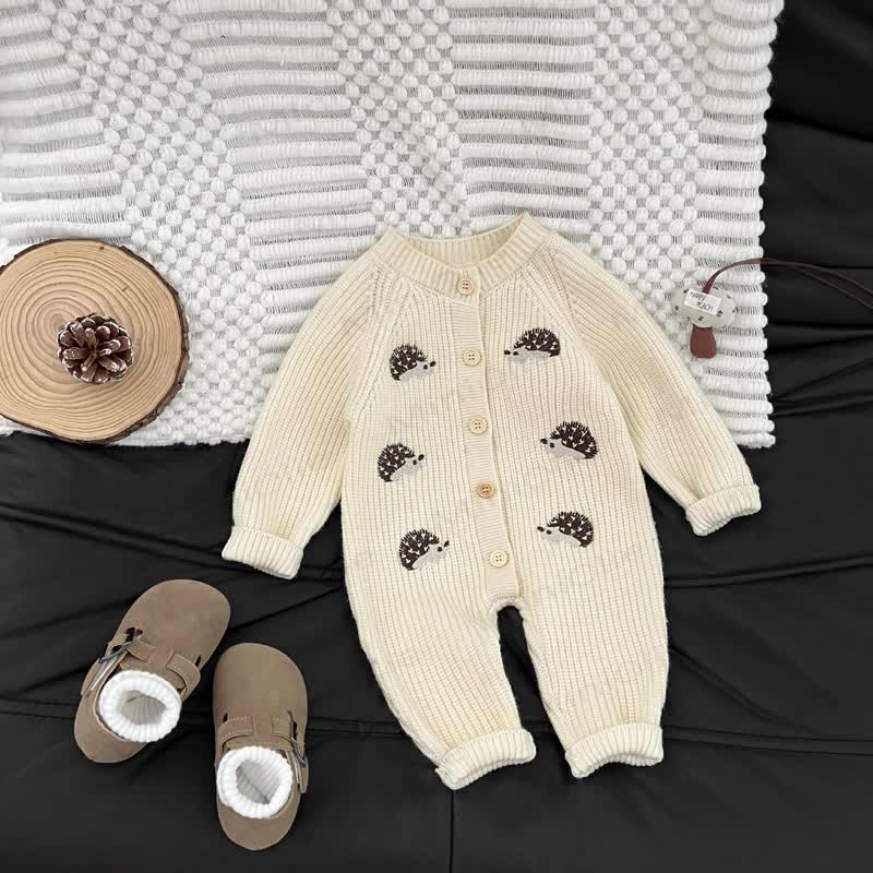 Baby Hedgehog Knit Button Front Romper - Beige - 2-3T - image 4