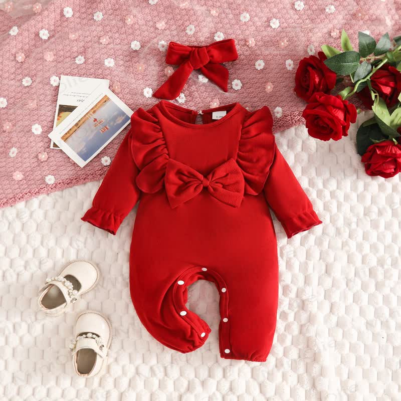 Baby Red Ruffle Bow Romper with Headband - Red - 12-18M - image 1