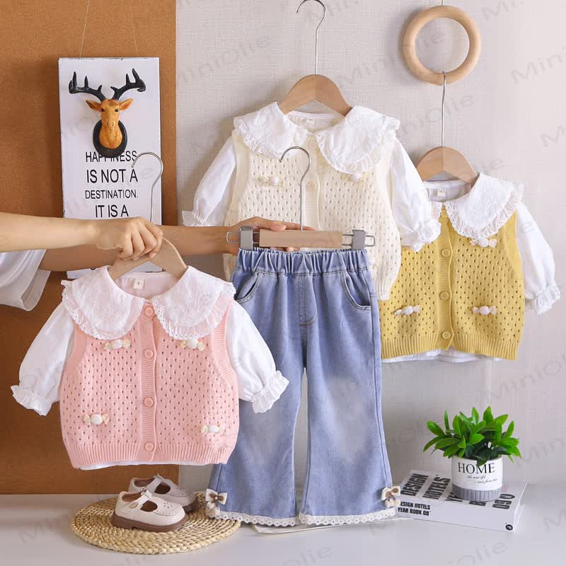Toddler Baby Girl Lace Collar Knit Vest and Denim 3-piece Set - image 1